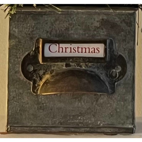 Artificial Christmas Arrangement Upcycled Tin File Drawer Holder Rag Bows - Picture 9 of 10